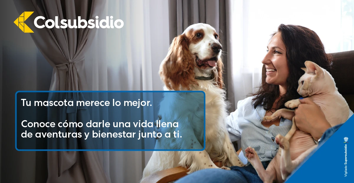 Mujer feliz con su perrito y gato en casa.