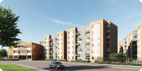 Fachada de proyecto de vivienda muestra edificios y zonas verdes