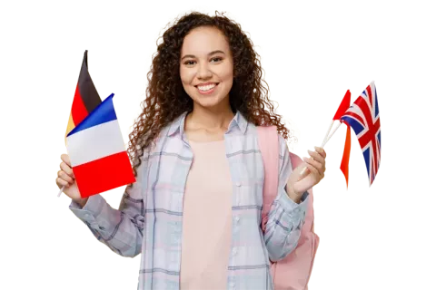 Mujer con banderas de diferentes idiomas