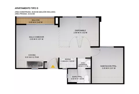 Imagen del plano del apartamento del proyecto de vivienda Bosques de Arrayan Colsubsidio
