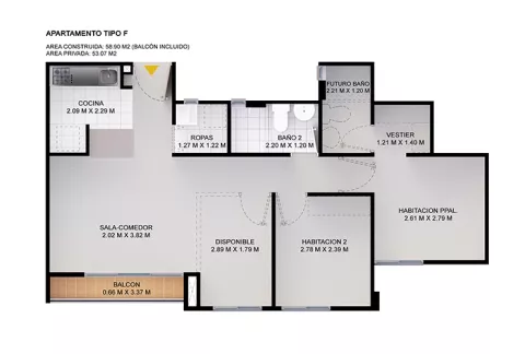 Imagen del plano del apartamento del proyecto de vivienda Bosques de Arrayan Colsubsidio