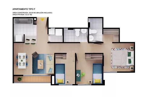 Imagen del plano del apartamento del proyecto de vivienda Bosques de Arrayan Colsubsidio