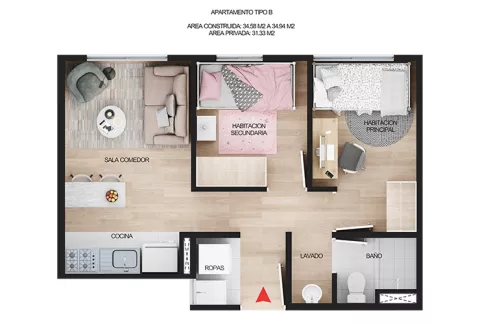 Imagen del plano del apartamento del proyecto de vivienda La Macarena Colsubsidio