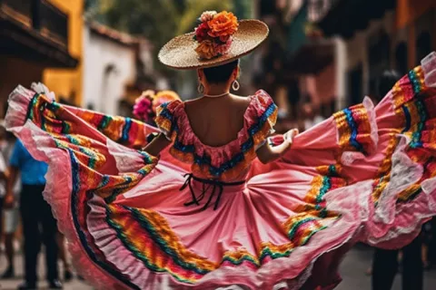 Mujer de espaldas con vestido folclórico y sombrero