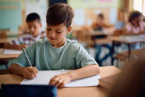 Niño estudiando en el Colegio Colsubsidio.