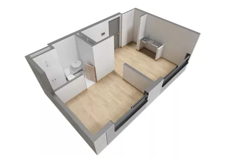 Proyecto de vivienda Karakalí: axonometría con acabados apartamento tipo 2.