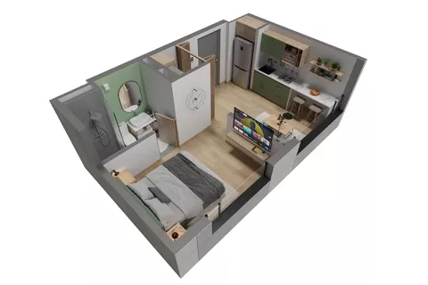 Proyecto de vivienda Karakalí: axonometría apartamento tipo 2.