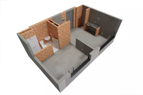 Proyecto de vivienda Karakalí: axonometría sin acabados apartamento tipo 2