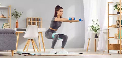 Mujer entrenando desde casa con la guía de expertos de Colsubsidio.