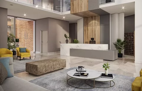 Loby proyecto de vivienda Araucaria Colsubsidio