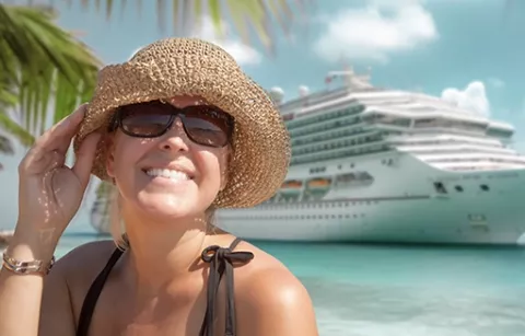 Mujer feliz en uno de los cruceros de la Agencia de Viajes Colsubsidio.
