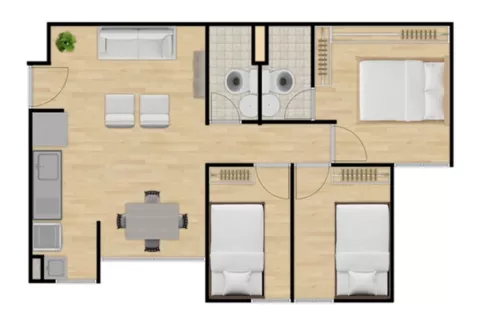 Plano del proyecto vivienda Verde Esperanza de Colsubsidio, con sugerencia de acabados.