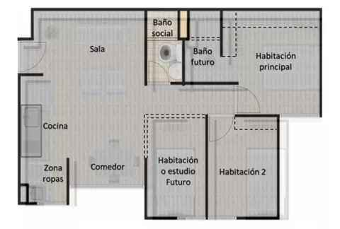Plano del proyecto vivienda Verde Esperanza de Colsubsidio, en obra gris, con distribución de espacios.