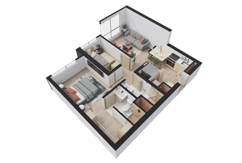 El plano muestra la axonometría del apartamento tipo B de Eskala