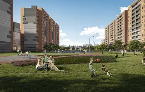 El parque del conjunto Arbórea muestra familias jugando en las zonas verdes.