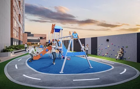 La zona playground del conjunto Eskala muestra el área de juegos infantil.