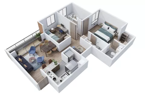 Plano muestra el apartamento tipo A axonometría Pacifika