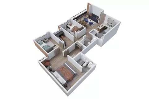 Plano muestra el apartamento tipo B axonometría de Pacifika