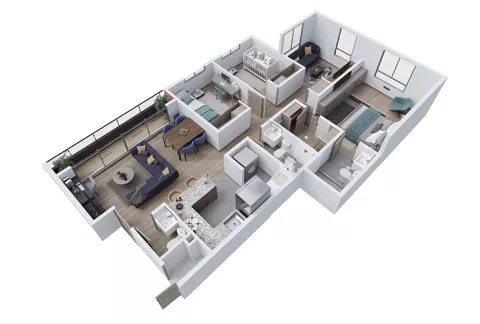 Plano muestra el apartamento tipo C axonometría de Pacifika