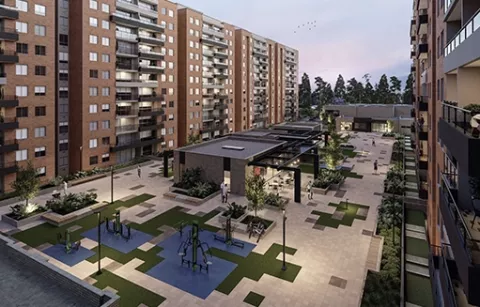 La plazoleta de Pacifika muestra edificios, espacio al aire libre y plantas.