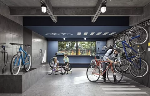 Spa de bicicletas de Pacifika muestra una persona guardando su bici.