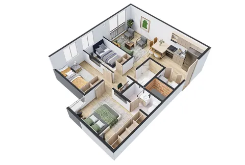 Proyecto de vivienda Verdi de constructora Capital - axonometría con acabados, 3 alcobas
