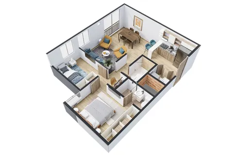 Proyecto de vivienda Verdi de constructora Capital - axonometría con acabados,