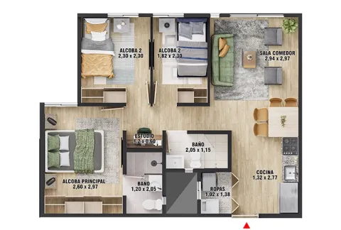 Proyecto de vivienda Verdi de constructora Capital - planta con acabados, 3 alcobas
