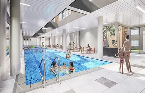 Piscina del conjunto Zefiro muestra residentes nadando en ella.