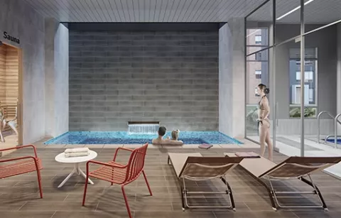 Spa del conjunto Zefiro muestra jacuzzi y sillas.