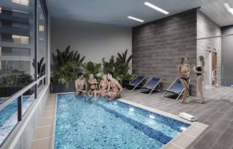 El spa del conjunto Arbórea muestra a personas en jacuzzi.