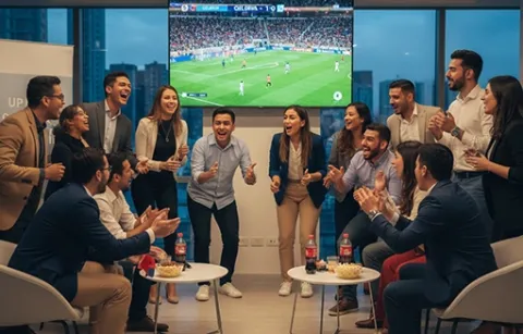Colaboradores de diferentes áreas participando juntos en una dinámica digital corporativa