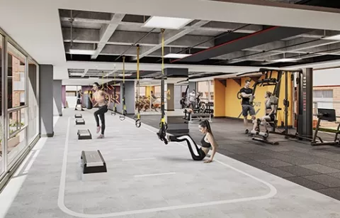 La zona fitness muestra a una mujer realizando ejercicio en el gimnasio.