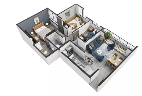 Axonometría apartamento tipo A de Mistral muestra espacios.