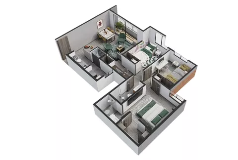 Axonometría apartamento tipo B de Mistral muestra espacios.