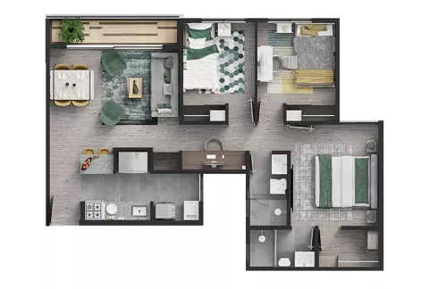 Apartamento tipo B de Mistral muestra distribución de espacios.