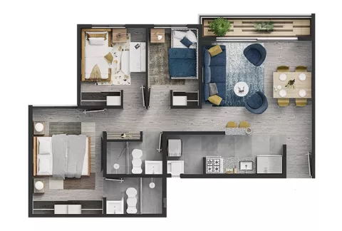 Apartamento tipo A de Mistral muestra distribución de espacios.