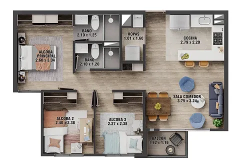 Apartamento tipo A Centriko muestra planta general.