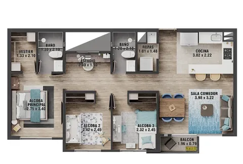 Apartamento tipo B Centriko muestra planta general.
