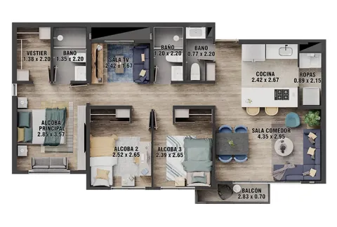 Apartamento tipo C Centriko muestra planta general.
