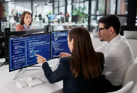 Trabajdores revisan el plan de desarrollo empresarial