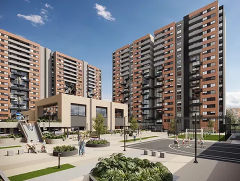 Fachada de Centriko muestra edificios, zonas verdes y canchas deportivas.