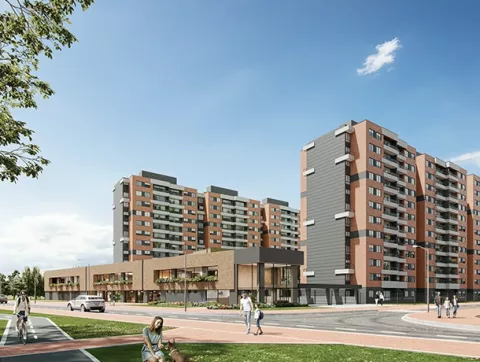 Fachada de Mistral muestra edificios, vías, plantas, personas y portería.