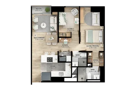 Planta apartamento tipo b1 Element 142 muestra distribución de espacios.