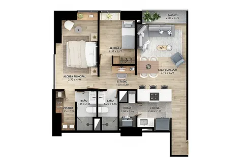 Planta apartamento tipo b2 Element 142 muestra distribución de espacios.