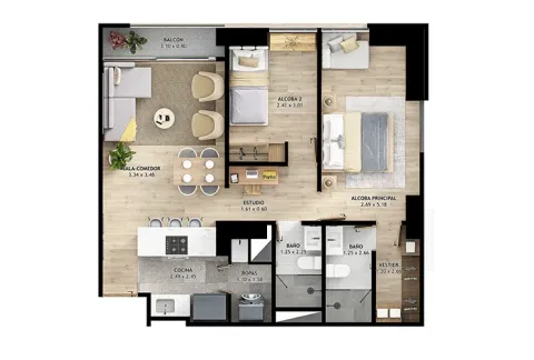 Planta apartamento tipo b3 Element 142 muestra distribución de espacios.