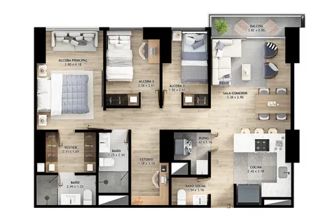 Planta apartamento tipo c1 Element 142 muestra distribución de espacios.