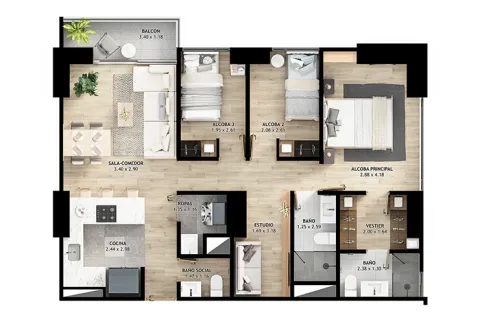 Planta apartamento tipo c2 Element 142 muestra distribución de espacios.