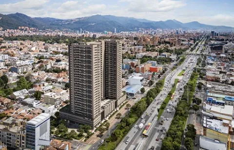 Vista oriental de Element 142 muestra edificios, zonas verdes, vías y conjuntos