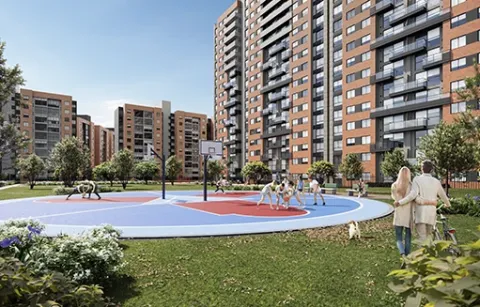 Zona deportiva de Centriko muestra a personas caminando y zonas verdes.